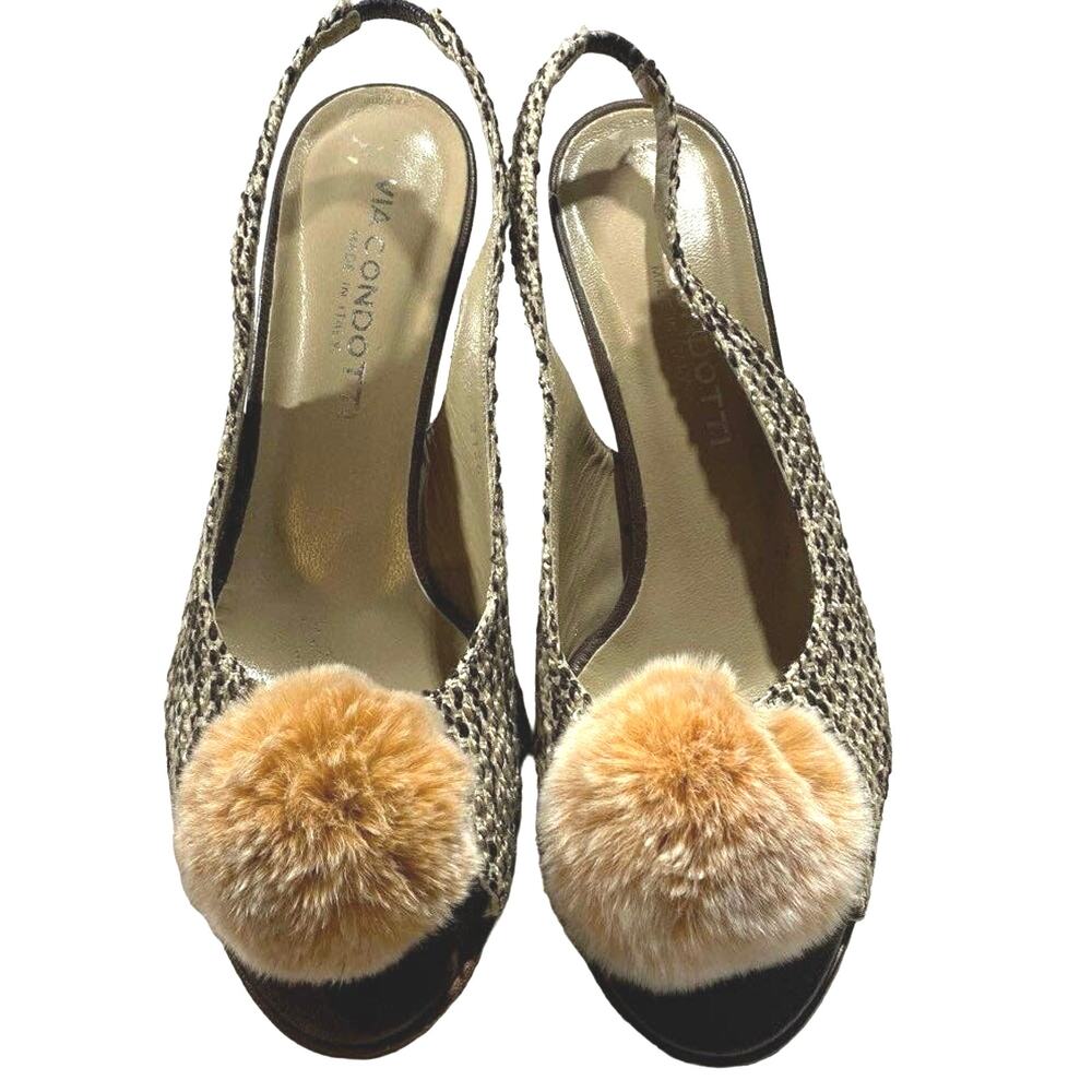 Via Condotti Women's Size 8.5 Slingback Heels Brown Tweed Peach Pompoms